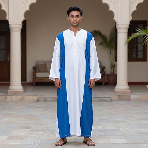 Photograph of a young South Asian man with short black hair, standing in a tiled courtyard, wearing a white and blue traditional long tunic and brown