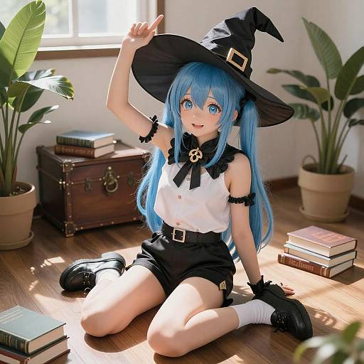 Blue-Haired Anime Witch in Sunlit Room