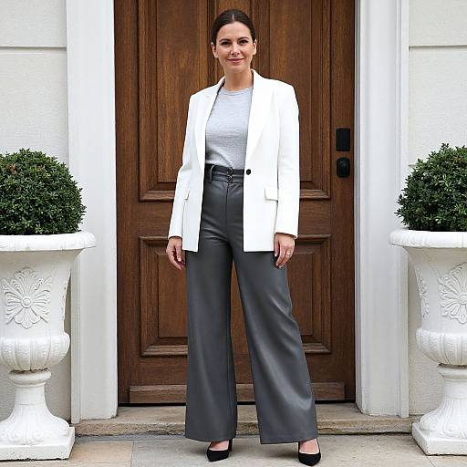Photograph of a smiling woman with dark hair in a bun, wearing a white blazer, white top, high-waisted gray pants, and