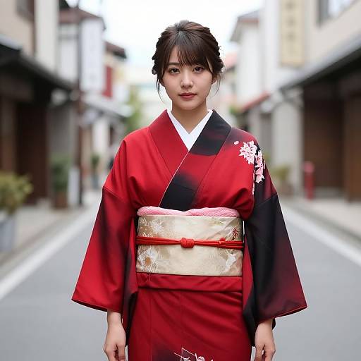 Photograph of an Asian woman in a red and black kimono with a white sash and floral embroidery, standing in a narrow, blurred urban alley