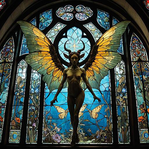 Mystical Winged Satyr with Stained Glass Background