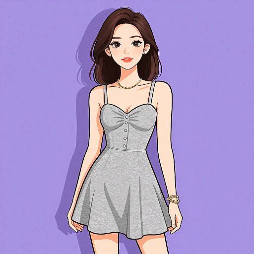 Digital anime-style drawing of a fair-skinned woman with brown hair, wearing a light blue, sleeveless, buttoned dress, purple background.