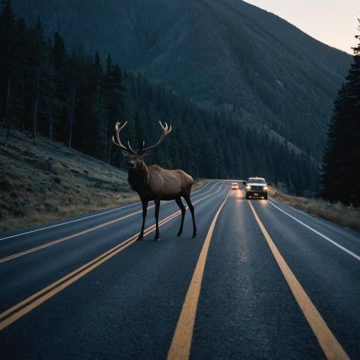 Cautious Elk on Mountain Road at Dawn Cautious Elk on Mountain Road at Dawn