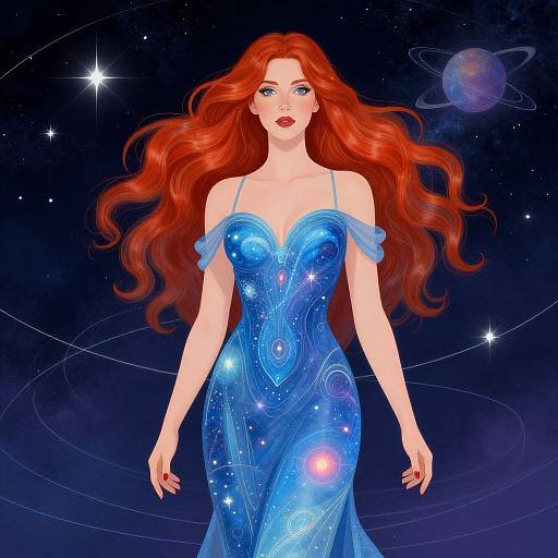 Digital illustration of a red-haired woman in a shimmering blue galaxy dress, standing against a starry space background with a planet.