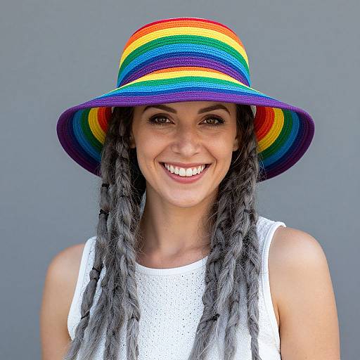 Smiling Woman in Vibrant Rainbow Sun Hat