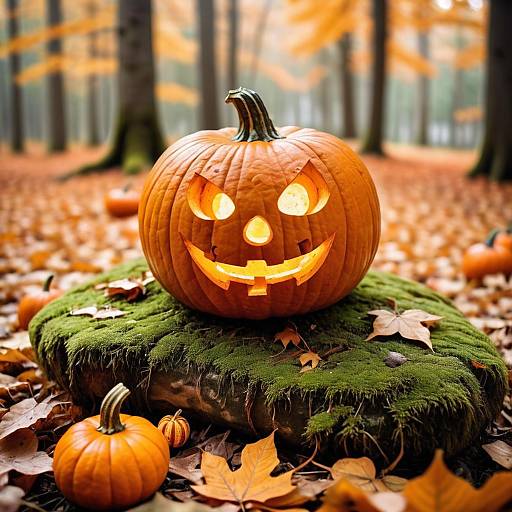Carved Jack-o'-Lantern on Mossy Stone in Autumn Forest