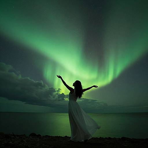 Silhouetted woman in flowing white dress, arms raised, against vibrant green Northern Lights, dark cloudy sky, calm ocean, and rocky shore.