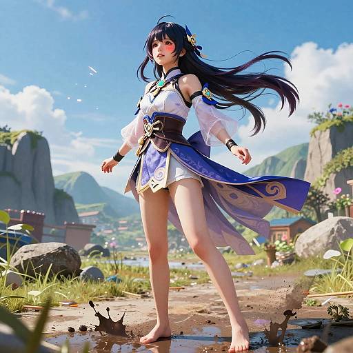 Digital art of a beautiful, long-haired, anime-style woman in blue and white outfit, barefoot on a sunny, mountainous path, with flowers