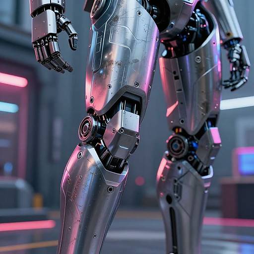 Photorealistic CGI of two shiny, metallic, humanoid robots in a futuristic, neon-lit urban environment, showcasing detailed joints and reflective surfaces.