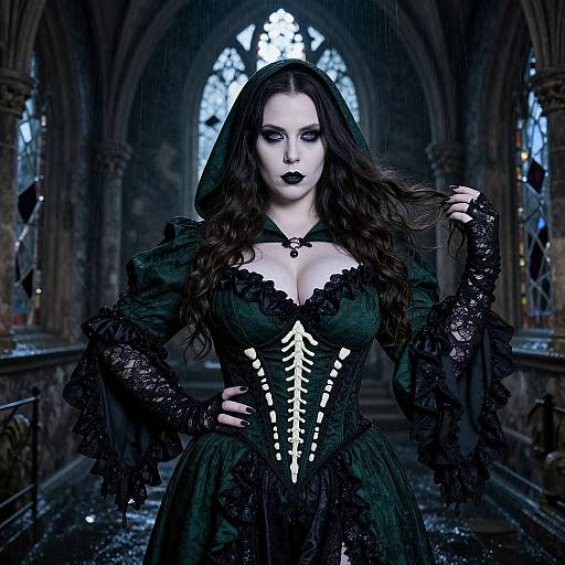 Gothic woman with pale skin, dark lipstick, black lace dress, white bone corset, long black hair, standing in a dim, ar