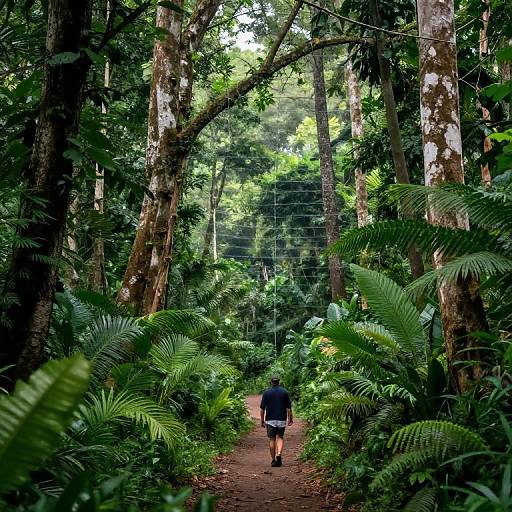 Photograph of a person with black clothing walking on a dirt path through a lush, green forest with tall trees and dense ferns. Sunlight filters