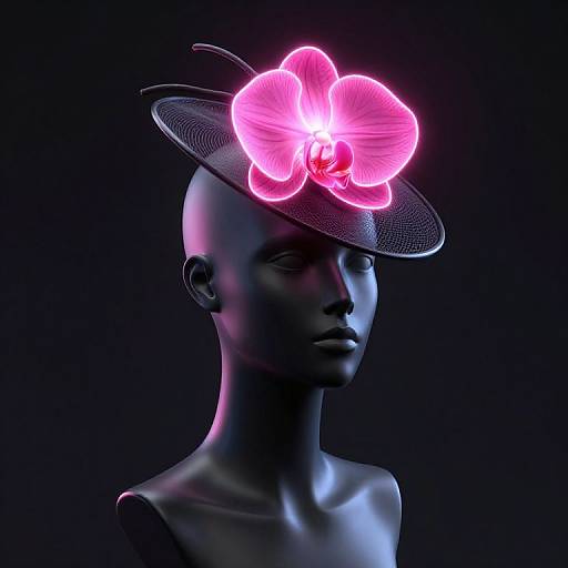 Digital artwork of a bald, blue-toned mannequin head wearing a neon pink orchid hat against a black background.