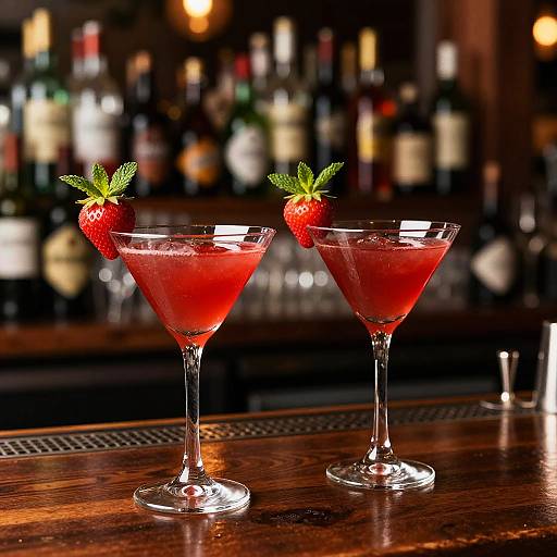 Photograph of two vibrant red cocktails with fresh strawberries on stems, in elegant martini glasses, on a wooden bar counter, blurred liquor bottles in the