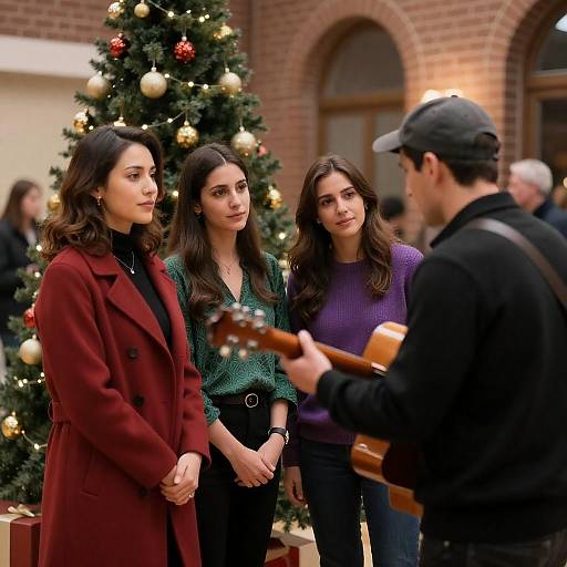 Christmas Guitarist Performing to Three Women