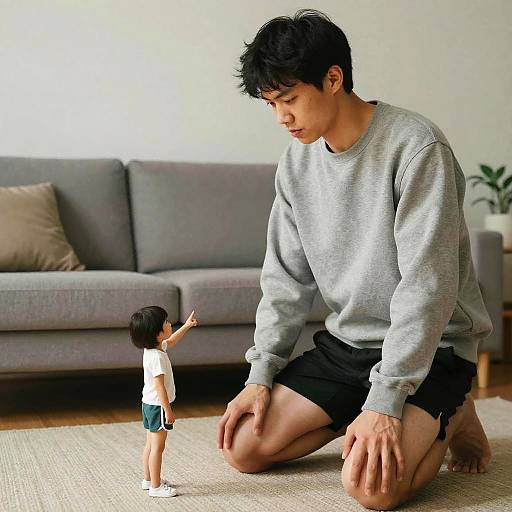 Photograph of a young Asian man in a gray sweatshirt and black shorts, kneeling on a carpet, looking at a small child pointing forward in a