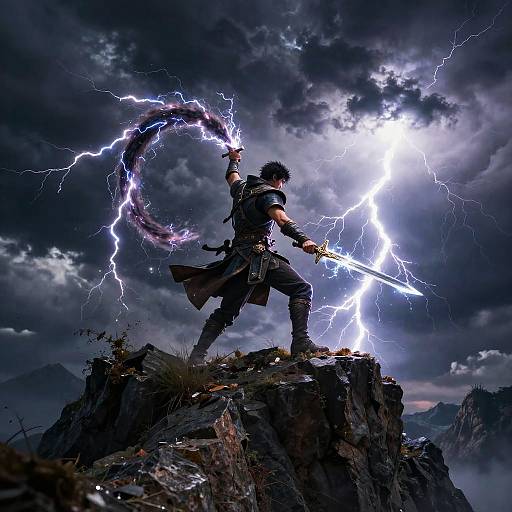 Digital fantasy artwork: Muscular warrior with black armor, holding lightning sword and swirling electric staff, stands on rocky peak under thunderstorm.