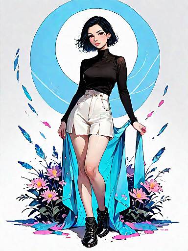 Chic Woman with Blue Drapery and Flowers