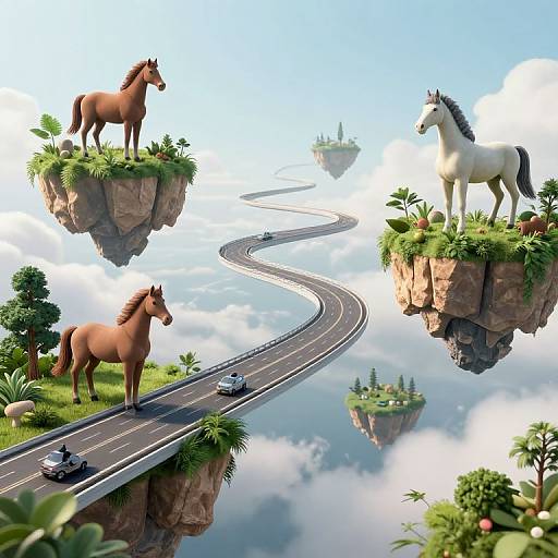 Digital art of three floating horses on cliff islands, with a winding road and cars below, reflecting in a calm river. Bright, sunny sky with fluffy