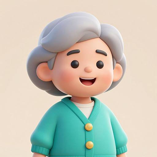 CGI cartoon of a cheerful elderly woman with white hair, wearing a turquoise cardigan with yellow buttons, smiling against a white background.