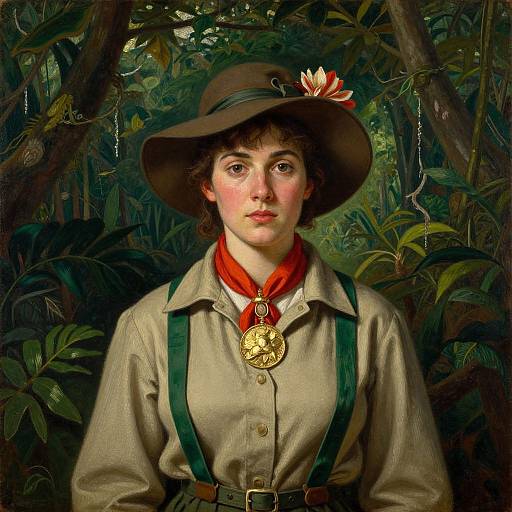 Digital painting of a young woman with curly brown hair, wearing a brown hat with a flower, beige shirt, green suspenders, and red scarf,