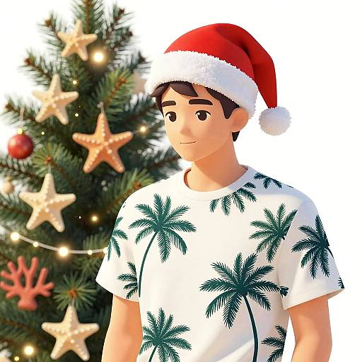 Digital illustration of a young man with brown hair in a red Santa hat, white palm tree shirt, standing before a decorated Christmas tree with star and red