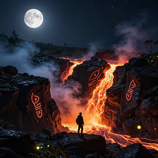 Traveler Near Volcanic Rift with Glowing Lava and Runes