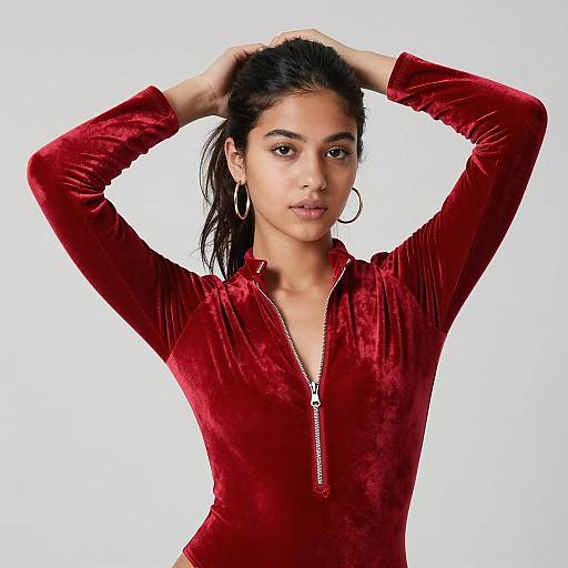 Young Woman in Red Velvet Bodysuit