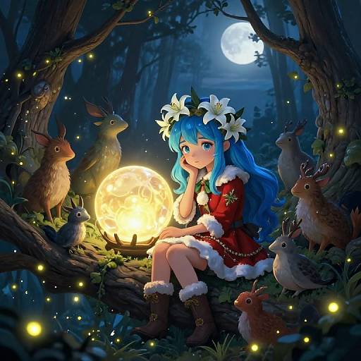 Digital anime-style artwork: Blue-haired girl in red dress sits on tree branch, glowing moonlit forest, surrounded by enchanted birds, fireflies, and