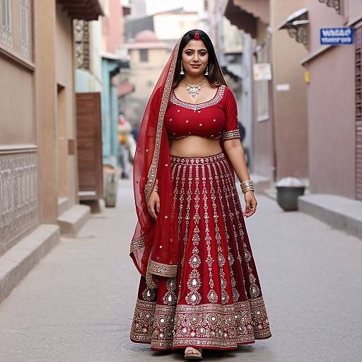 Photograph of a South Asian woman in a red, gold-embroidered traditional outfit, standing confidently on a narrow, urban alleyway.
