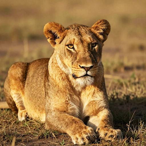 Young Lioness Resting in Sunlit Grass