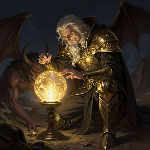 Elder demon knight with white beard and golden armor, holding glowing orb, crouches beside dark winged demon in dark, rocky landscape. Phot