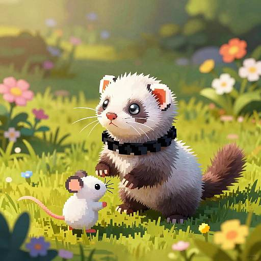 Pixel Art Ferret in Sunny Garden