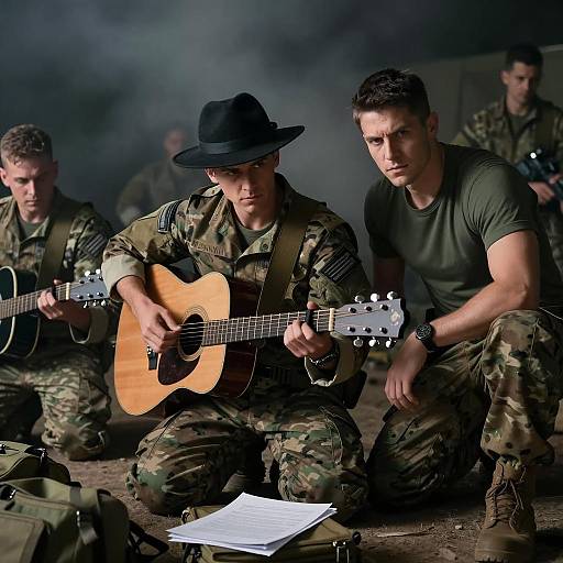 Dramatic Camp Scene with Guitar-Wielding Soldiers