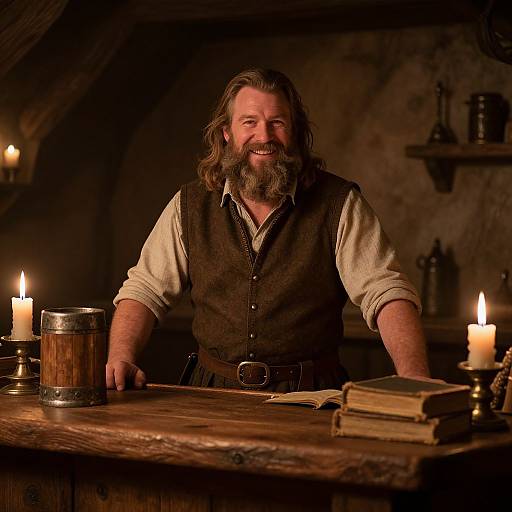 Photograph of a smiling, bearded man with long hair, wearing a brown vest over a white shirt, sitting at a wooden bar with candles,
