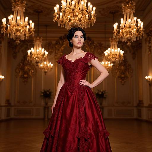 Photograph of a woman with dark hair in a red lace, short-sleeved ball gown, standing confidently in a grand, dimly-lit