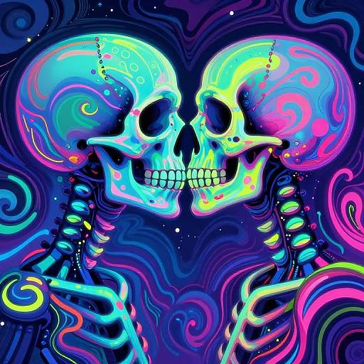 Vibrant digital art of glowing, neon-colored skulls with swirling patterns, back-to-back, set against a dark, cosmic background with star-like dots