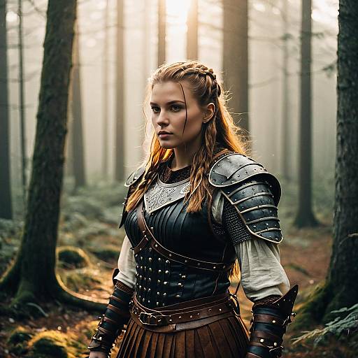Woman in Viking Armor with Braided Hairstyle in Foggy Forest