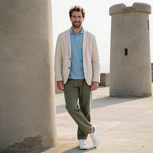 Photograph of a bearded man with light brown hair, wearing a beige blazer, light blue polo, olive pants, and white sneakers, standing