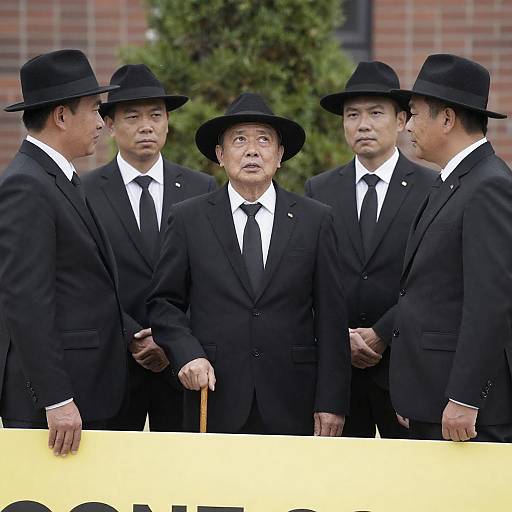 Group of Men in Black Suits and Hats Outdoors