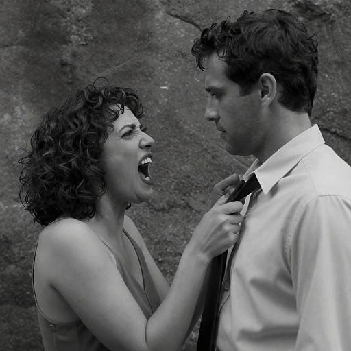 Black and white photo of woman angrily grabbing man's tie