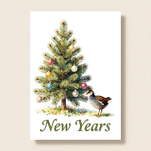 Vintage Pastel New Year Card with Moorhen Chick