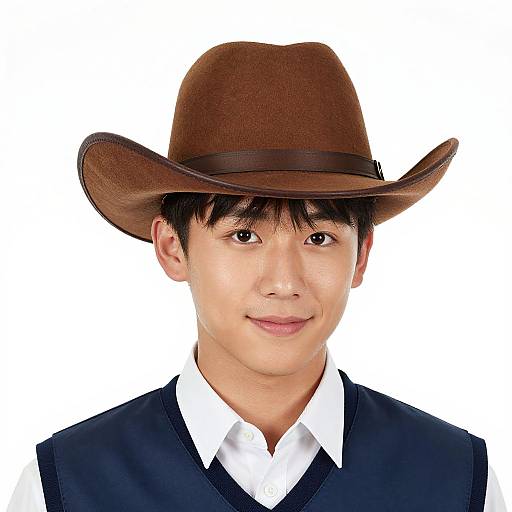 Photograph of an Asian man with medium skin tone, black hair, brown cowboy hat, white shirt, and dark blue vest, smiling against a plain