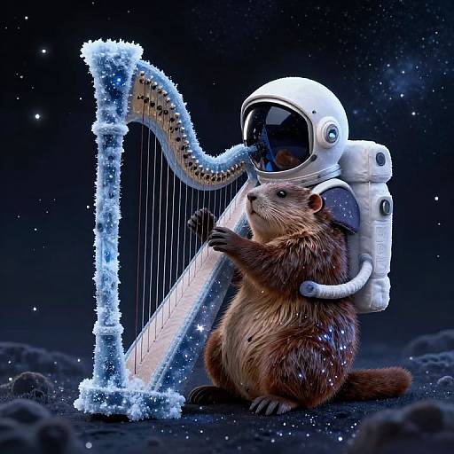 Digital artwork of a brown beaver in a white astronaut suit playing a frosty, icy harp in a starry, cosmic space.