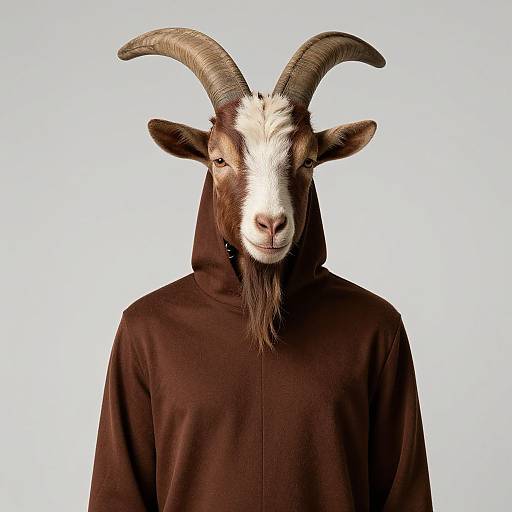 Photograph of a goat with white and brown fur, large curved horns, and a brown hoodie, standing against a plain white background.