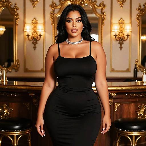Photograph of a curvy woman with dark hair in a tight black dress, wearing a sparkly necklace, standing in an ornate, gold-ac