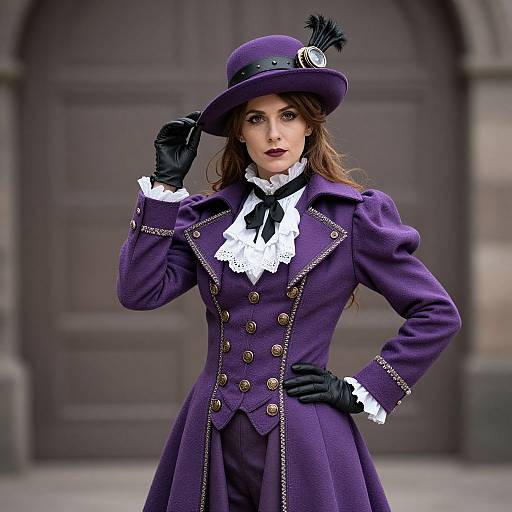 Photograph of a Victorian-style woman in a purple Victorian dress, black gloves, white lace collar, and hat with black feather, standing in front of