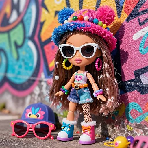 Photograph of a Barbie doll with colorful hat, sunglasses, denim shorts, fishnet stockings, and vibrant accessories against a graffiti wall.