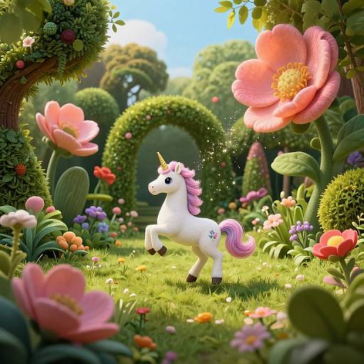 Digital illustration of a white unicorn with a purple mane, standing in a vibrant, sunlit garden filled with colorful flowers and greenery, surrounded by a
