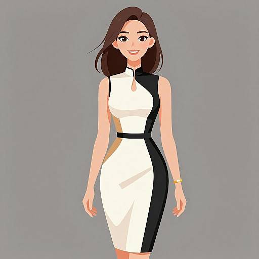 Digital illustration of a smiling woman with medium-length brown hair, wearing a sleeveless white and black dress, against a gray background.