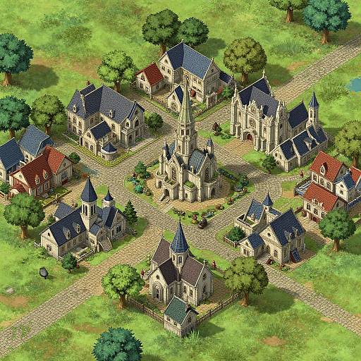 Isometric digital illustration of a medieval village with stone Gothic-style churches, red and blue roofs, surrounded by lush green grass and trees.